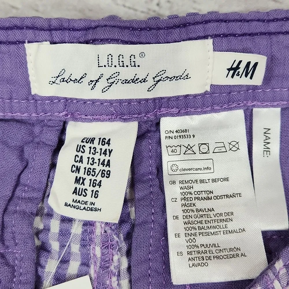 💜NWT H&M Label of Graded Goods Purple Gingham Belted & Cuffed Shorts Youth 14